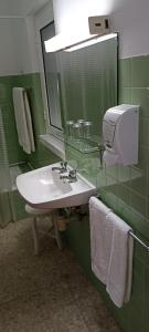 a green bathroom with a sink and a mirror at Residencial Sol in Portimão