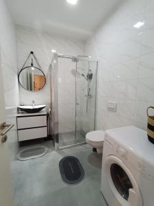 een badkamer met een douche, een toilet en een wastafel bij Tesla Point in Osijek