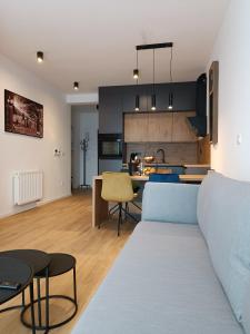 een woonkamer en een keuken met een bank en een tafel bij Tesla Point in Osijek