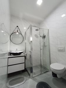 uma casa de banho com um chuveiro, um WC e um lavatório. em Tesla Point em Osijek