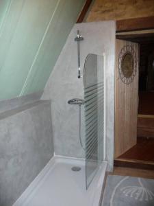 eine Dusche mit Glastür im Bad in der Unterkunft Petite maison de caractère in Le Bousquet