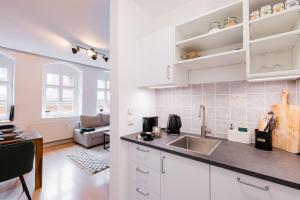 a kitchen with white cabinets and a living room at Fynbos Apartments in der Altstadt, Frauenkirche, Netflix, Parkplatz in Meißen