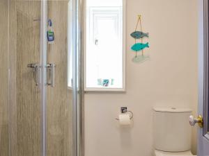 uma casa de banho com um chuveiro, um WC e uma janela. em India Lane Cottage em Montrose