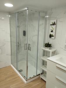 La salle de bains est pourvue d'une douche avec une porte en verre. dans l'établissement Day Ok Casa Terrasa Beach, à Malgrat de Mar