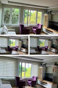 ein Wohnzimmer mit lila Stühlen und einem TV in der Unterkunft Full house in Fenerbahce in Istanbul