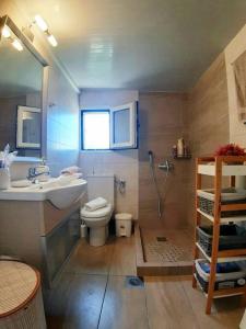 La salle de bains est pourvue d'un lavabo, de toilettes et d'une douche. dans l'établissement Sunrise cottage, à Gaios
