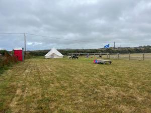 a field with a picnic table and a white tent at Gwens Garden bell tent in St. Just