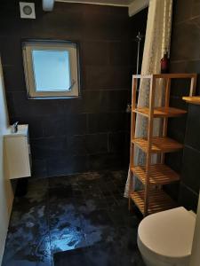 a bathroom with a toilet and a window at Yogi Wellness Guesthouse in Klagstorp