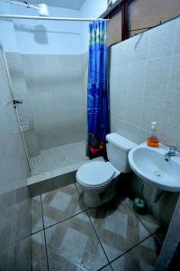 a bathroom with a toilet and a shower and a sink at CASA EL ROBLE in San Juan La Laguna