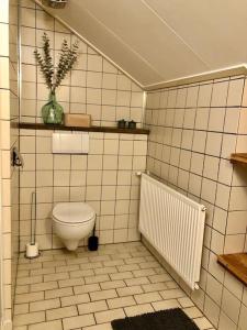 een wit betegelde badkamer met een toilet en een radiator bij Cramer's Corner in Hardenberg