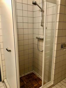 een douche met een glazen deur in de badkamer bij Cramer's Corner in Hardenberg