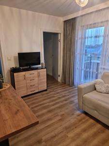 een woonkamer met een bank en een flatscreen-tv bij Apartament Anna in Leszno
