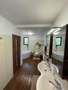 une grande salle de bains avec deux lavabos et deux baignoires dans l'établissement City Garden escape, à Popeşti-Leordeni