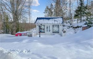 a small house with a blue roof in the snow at 3 Bedroom Nice Home In Lunde in Lunde