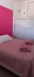 a bedroom with a bed with a pink wall at Confortable Apartamento en Microcentro in Barraquero