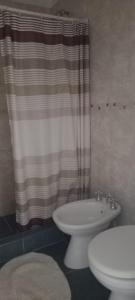 a bathroom with a toilet and a shower curtain at Confortable Apartamento en Microcentro in Barraquero