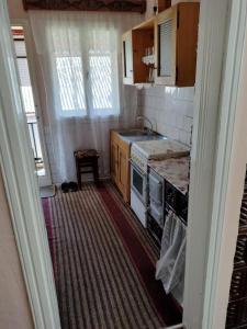 a kitchen with a sink and a stove at Casa Tudor-Nicolae in Borşa