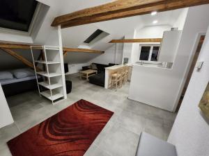 a living room with a loft with a red rug at Bone ma in Bad Saulgau