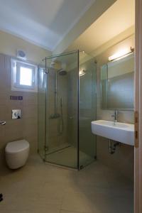 a bathroom with a glass shower and a sink at Canary Studios in Parga
