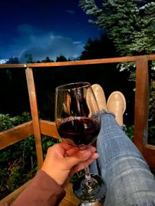 eine Person mit einem Glas Rotwein in der Unterkunft Chalets en Santa Elena en medio del Bosque in Medellín