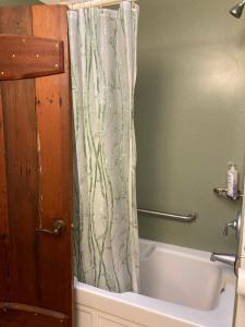a bathroom with a shower curtain and a bath tub at Front Street Inn and Spa in Morro Bay