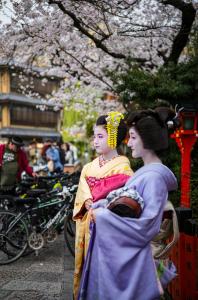 two women in kimonos standing on a street withakura trees at Miru Kyoto Gion in Kyoto