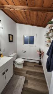 La salle de bains est pourvue de toilettes et d'une fenêtre. dans l'établissement Serenity Oceanview Retreat, 
