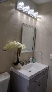 a bathroom with a sink with a mirror and flowers at The Orchard Suite of Sebring in Sebring