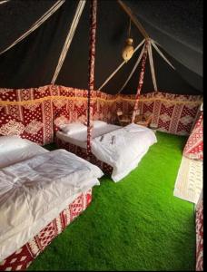 Crescent Desert Private Camp في شاحك: غرفة بسريرين وأرضية خضراء