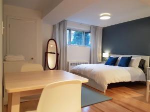 um quarto com uma cama, uma mesa e um espelho em Bright and Spacious Studio Apartment em Montreal