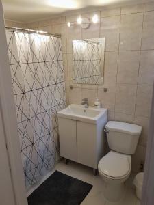 ein Badezimmer mit einem WC, einem Waschbecken und einem Spiegel in der Unterkunft Bright and Spacious Studio Apartment in Montreal