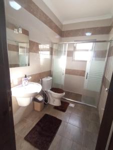 a bathroom with a toilet and a sink and a shower at شقق مرحبا المفروشة marhaba furnished apartment in Amman
