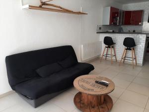 salon z czarną kanapą i stołem w obiekcie Appartement cosy avec jardin près du port et des plages à Capbreton - FR-1-239-905 w mieście Capbreton +3 zdjęcia