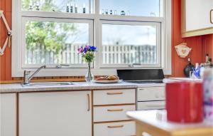 a kitchen with two windows and a vase of flowers at Gorgeous Home In Broager With Wifi in Broager +16 photos