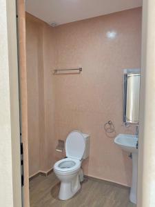 La salle de bains est pourvue de toilettes et d'un lavabo. dans l'établissement Maison lyazid, à Agadir