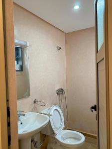 La salle de bains est pourvue de toilettes et d'un lavabo. dans l'établissement Maison lyazid, à Agadir