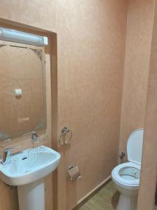 La salle de bains est pourvue d'un lavabo et de toilettes. dans l'établissement Maison lyazid, à Agadir
