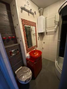 a bathroom with a red sink and a mirror at Apartament Arena in Zgorzelec