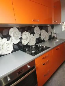 a kitchen with a stove and a counter top with towels at Apartament Arena in Zgorzelec