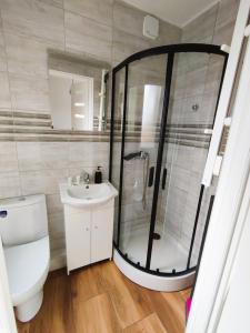 uma casa de banho com um chuveiro, um WC e um lavatório. em Holiday House Lawendowa Przystań em Miszkowice