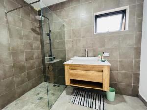 a bathroom with a sink and a shower at Into the Sun - Modern Holiday Home in Albion