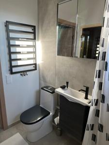 a bathroom with a toilet and a sink and a mirror at Atpuutas māja pie Jūras-Riņķi,zvejniekciems ainažu iela 61 in Saulkrasti +15 photos