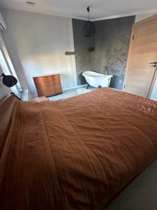 1 dormitorio con cama y bañera en Atpuutas māja pie Jūras-Riņķi, en Saulkrasti