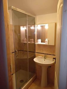 a bathroom with a shower and a sink at Casa Rasaritul Soarelui Sarichioi in Sarichioi