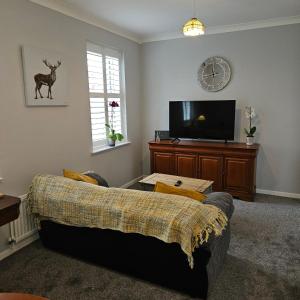 a living room with a couch and a flat screen tv at Ground floor well appointed cosy flat in Ludlow in Ludlow