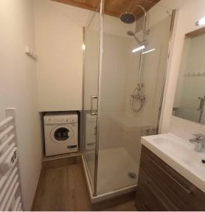 een badkamer met een douche en een wasmachine bij Cocon familial au pied des pistes in Morillon