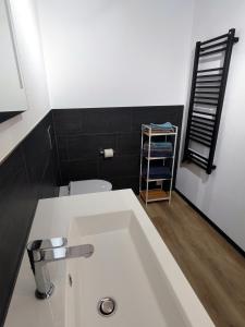 Kleine Auszeit - 2-Zimmer Ferienwohnung في سبيز: حمام مع حوض ومرحاض