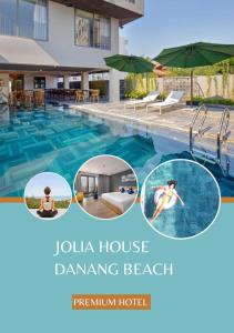 eine Collage mit Fotos von einem Schwimmbad und einer Frau in einem Hotel in der Unterkunft Jolia's House Da Nang Beach in Đà Nẵng