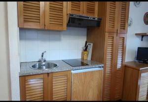 a small kitchen with a sink and wooden cabinets at Bellavista in Madesimo