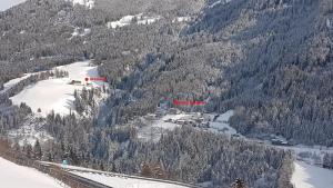 Luftblick auf ein Skigebiet auf einem Berg in der Unterkunft Steinhof in Gries am Brenner